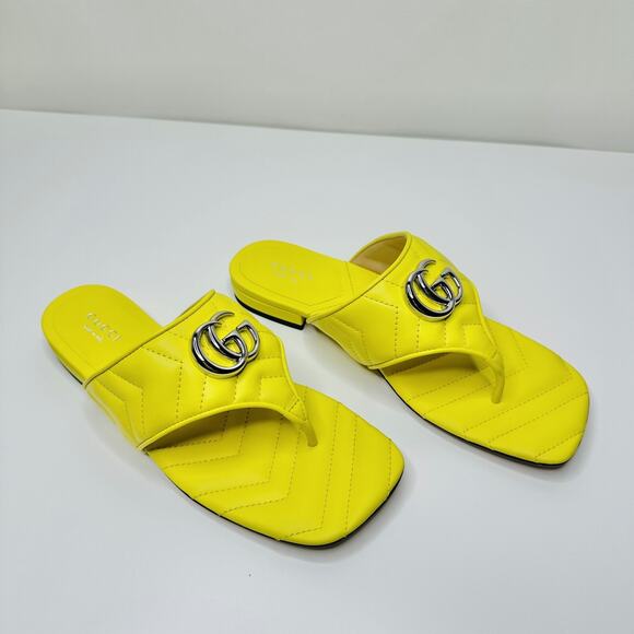 Gucci Marmont Chevron Double G 37/ US 7 Thong Sandals Lime Yellow Leather NIB - Picture 8 of 13